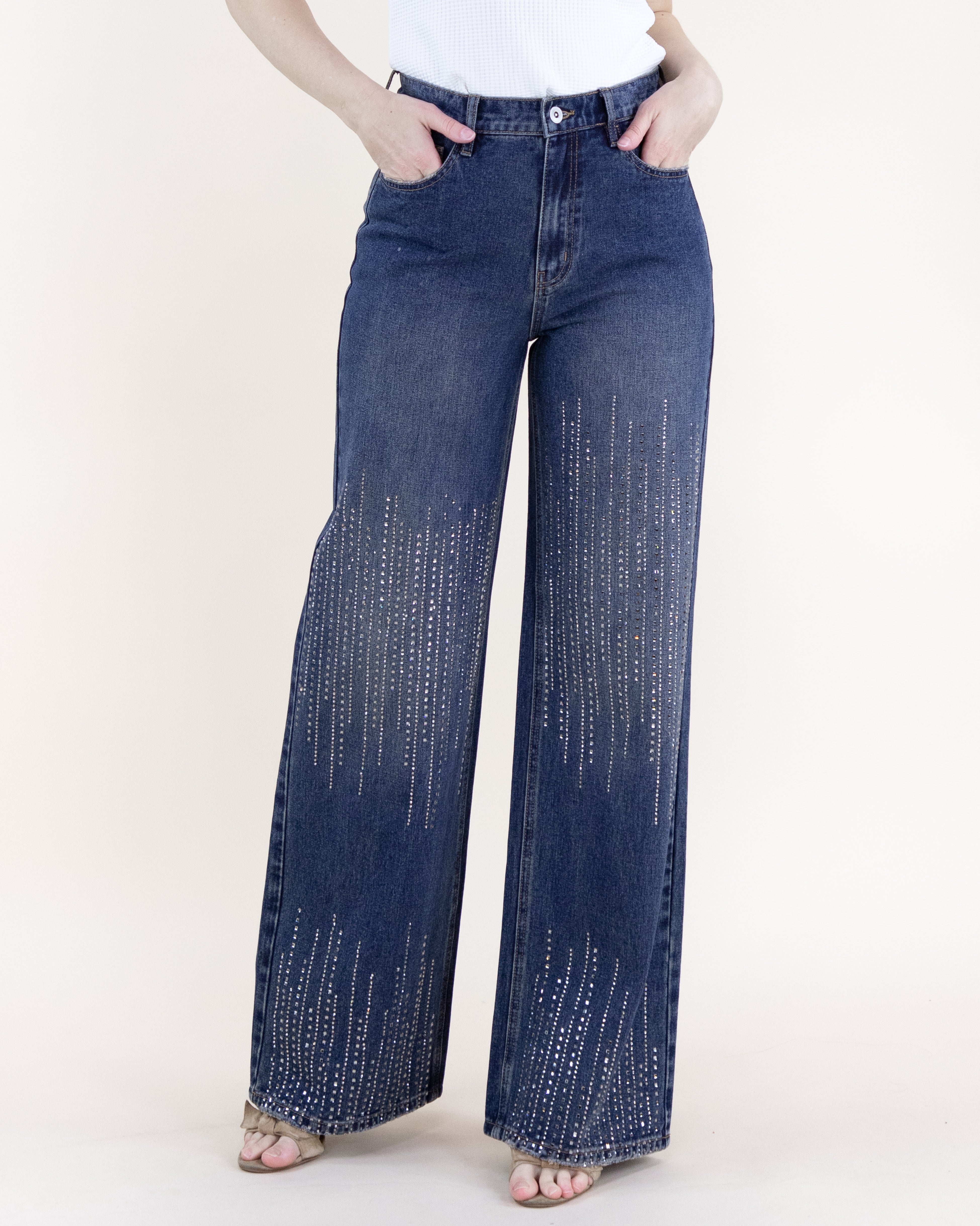 Square Rhinestone Lines Embellished High Rise Ultra Wide Leg Jeans - DENIM (S, M, L) (Pack of 6)