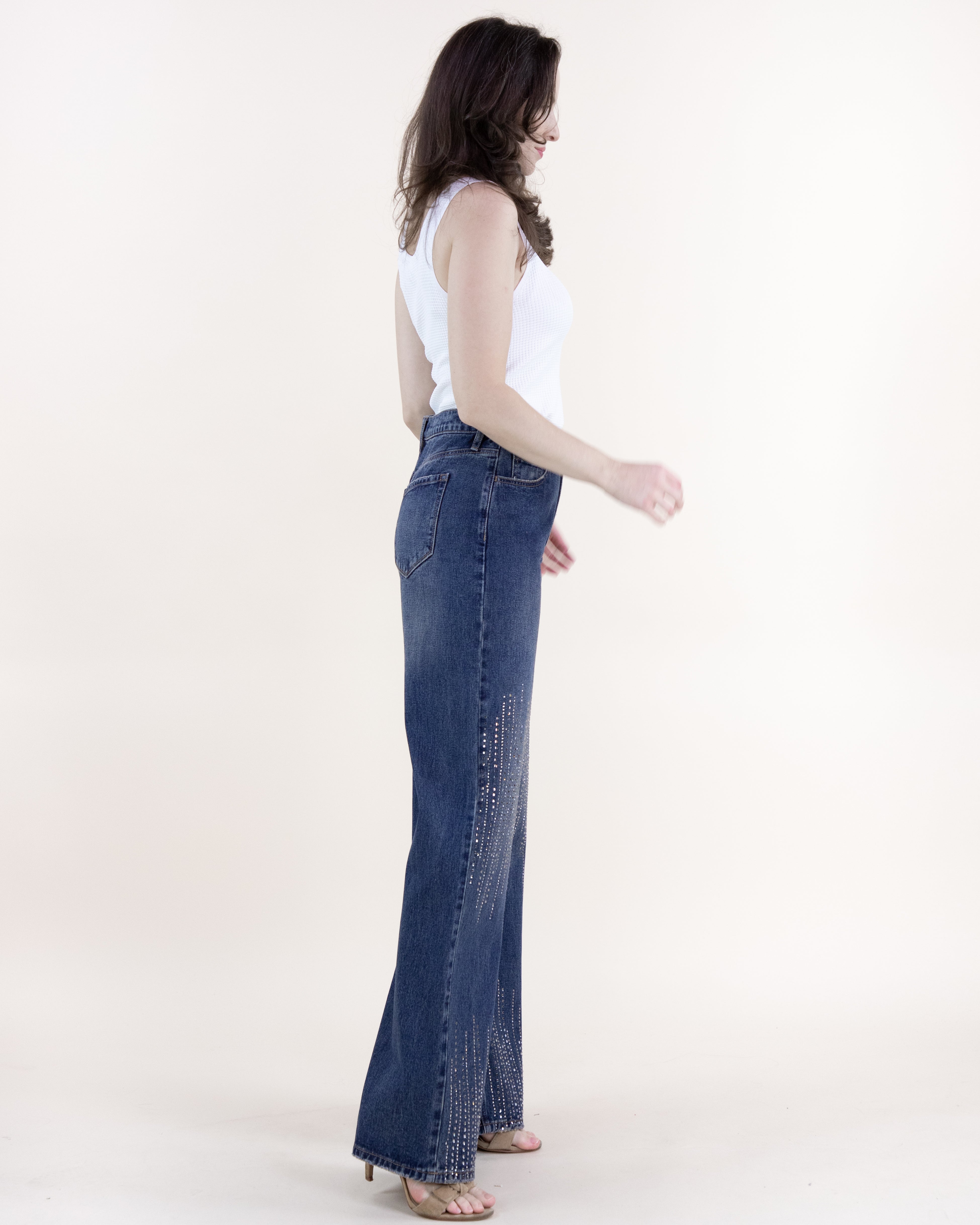 PLUS Curvy Square Rhinestone Lines Embellished High Rise Ultra Wide Leg Jeans - DENIM (XL, 1XL, 2XL) (Pack of 6)