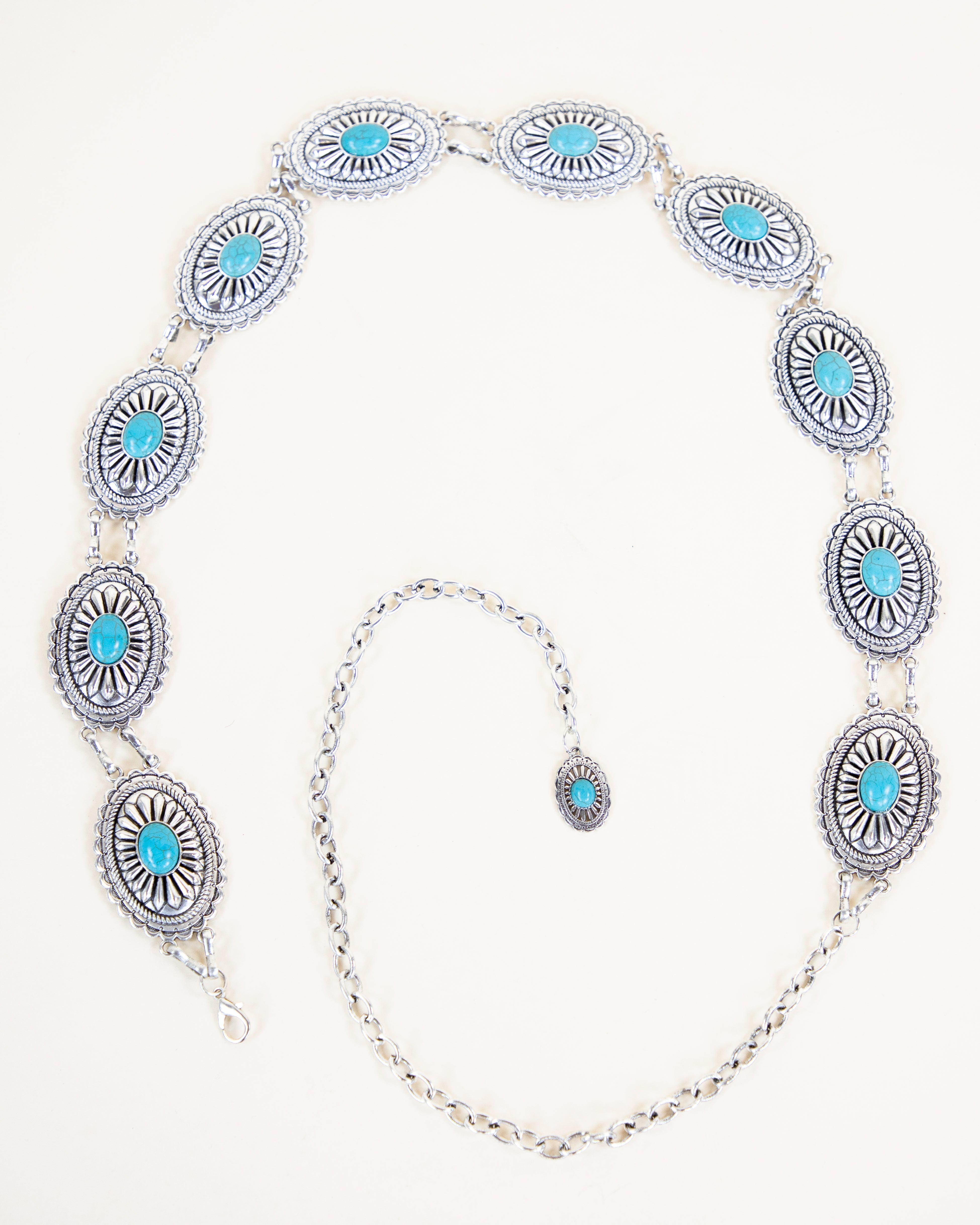 Oval Silver Metal Turquoise Concho Chain Belt - TURQUOISE  (Pack of 6)