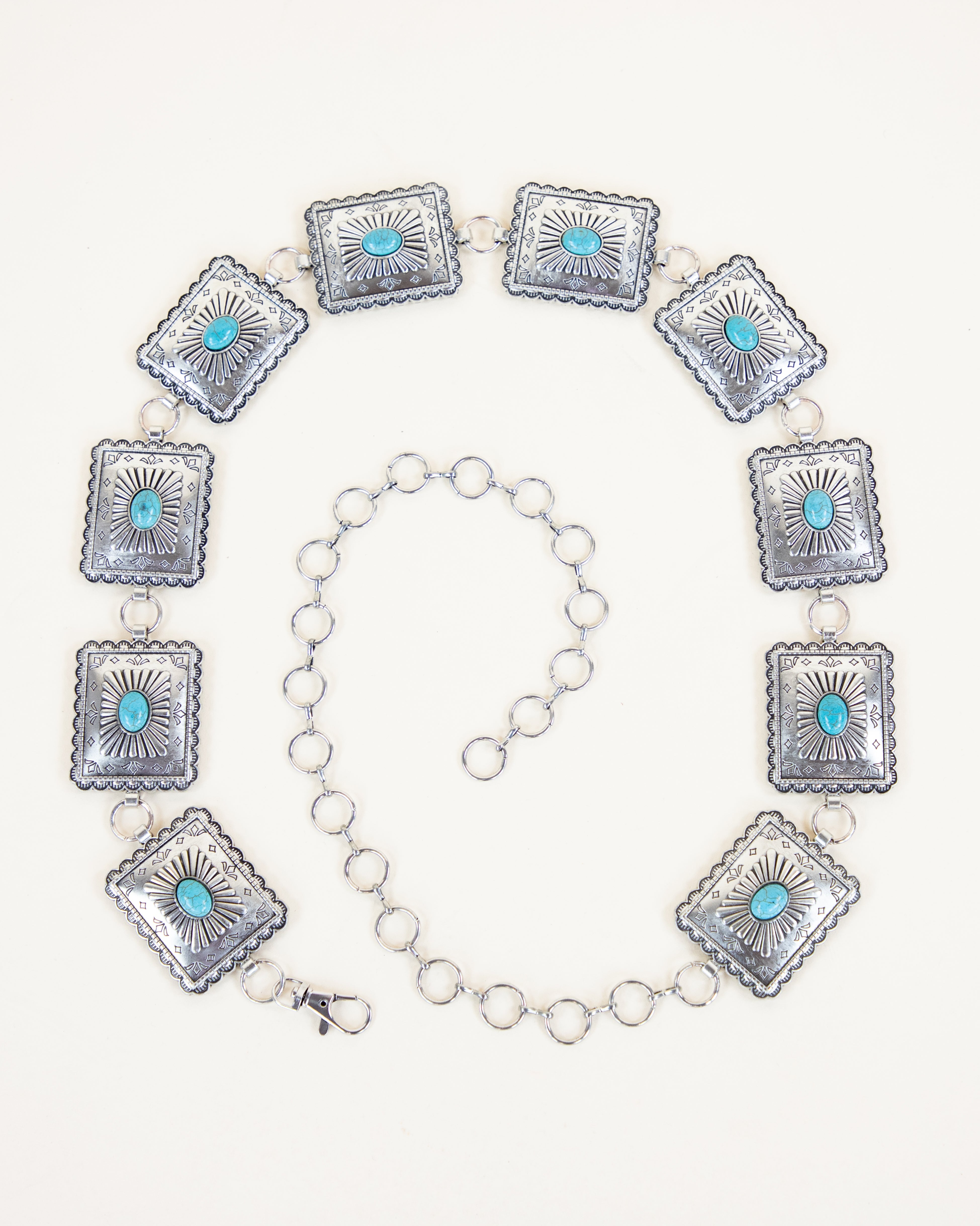 Square Silver Metal Turquoise Concho Chain Belt - TURQUOISE  (Pack of 6)