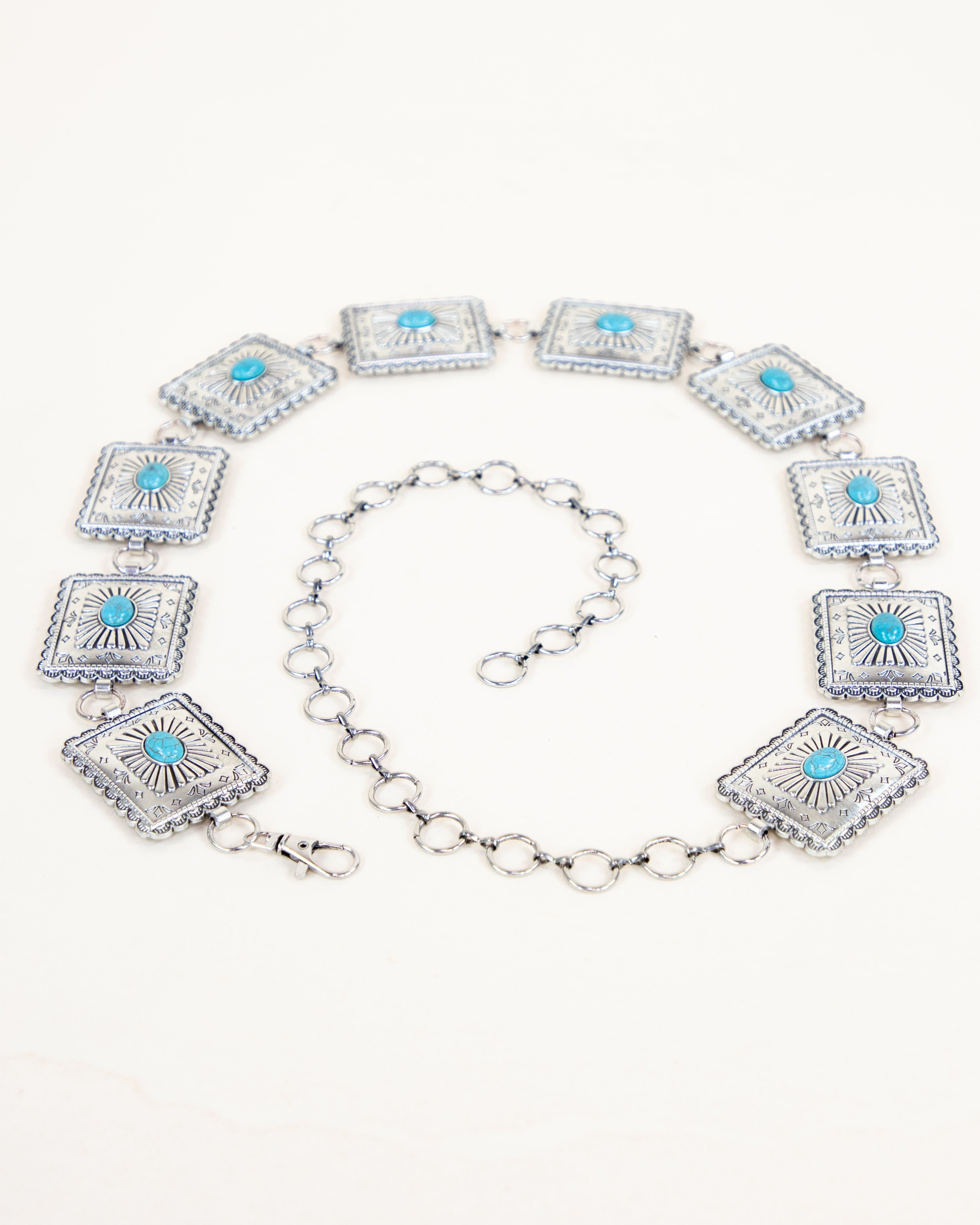 Square Silver Metal Turquoise Concho Chain Belt - TURQUOISE  (Pack of 6)
