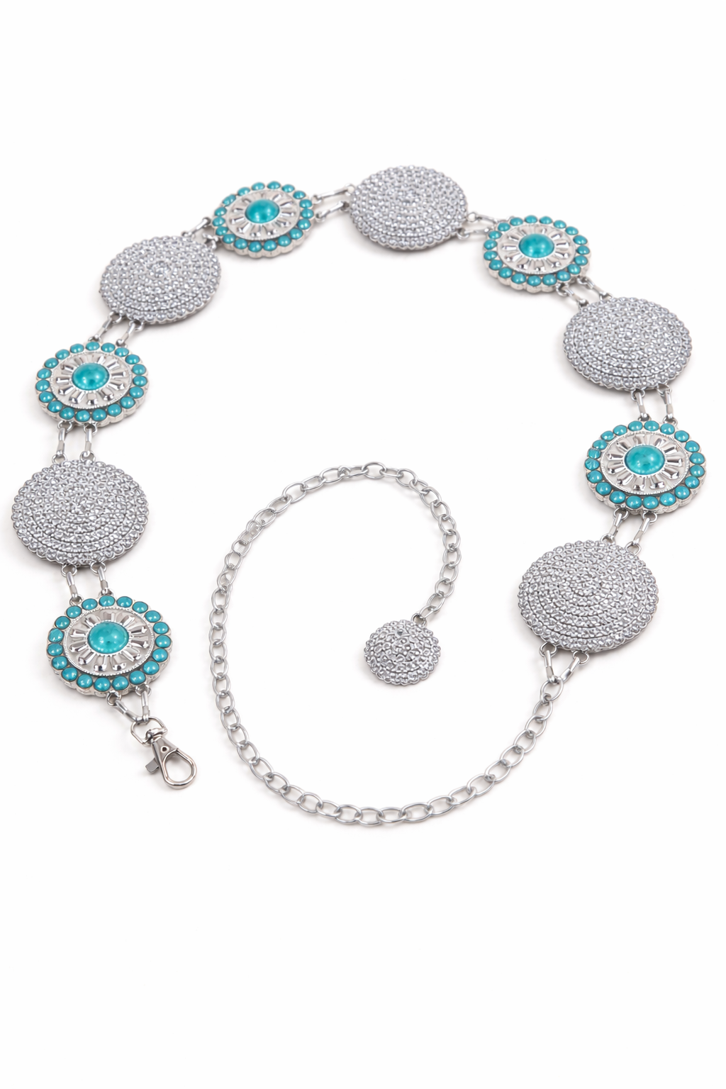 Round Sliver Metal Bling and Turquoise Concho Chain Belt - TURQUOISE  (Pack of 6)