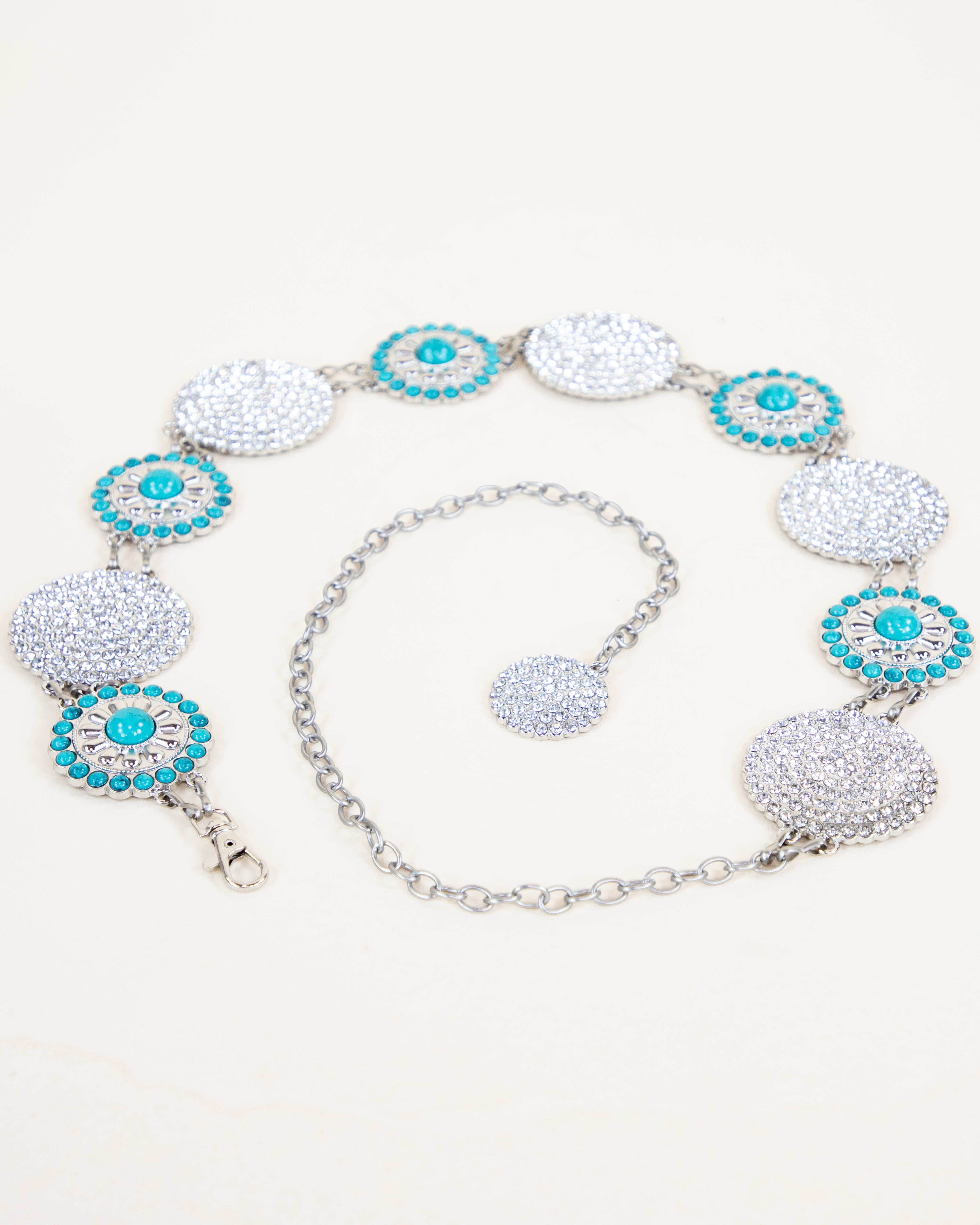 Round Sliver Metal Bling and Turquoise Concho Chain Belt - TURQUOISE  (Pack of 6)