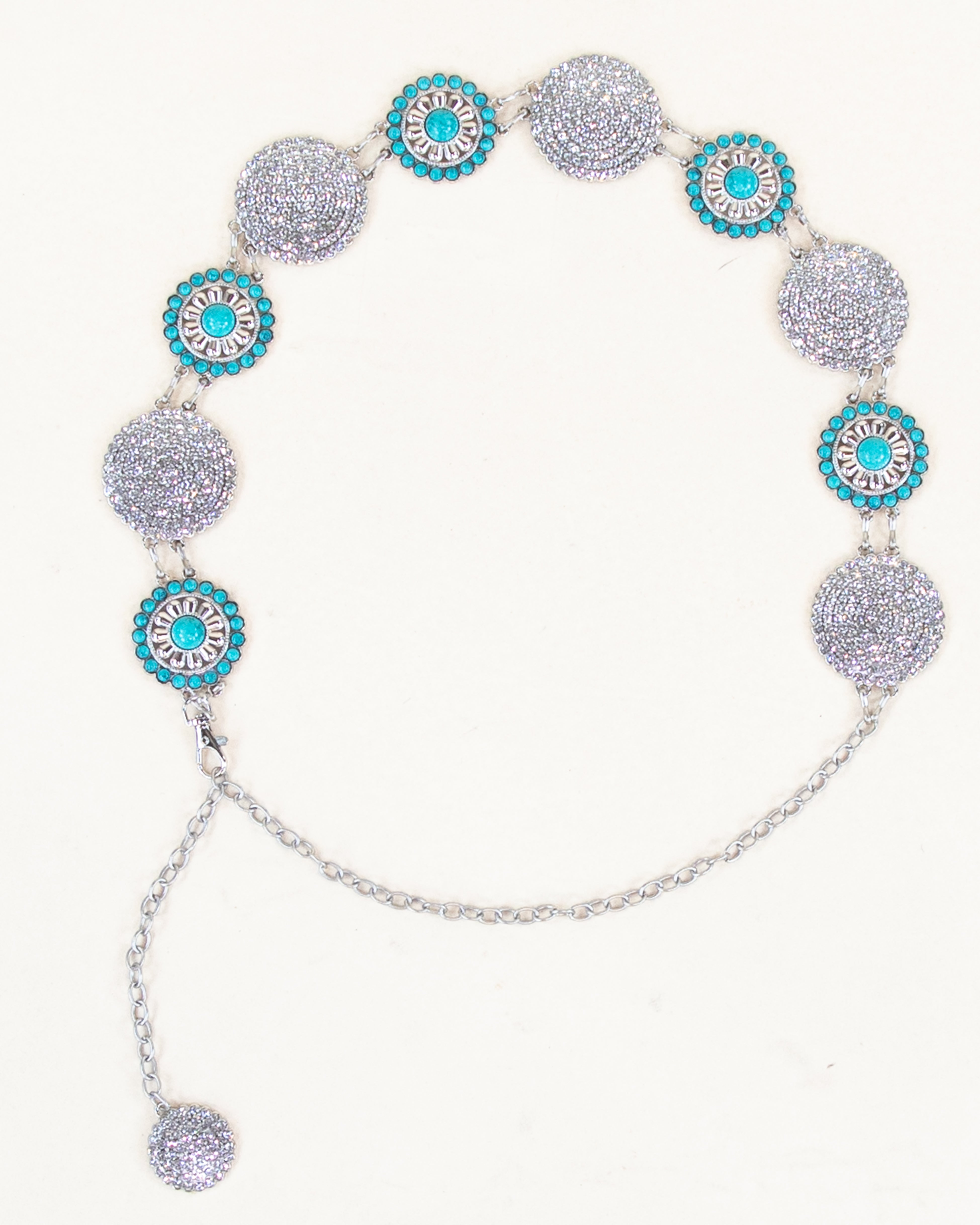 Round Sliver Metal Bling and Turquoise Concho Chain Belt - TURQUOISE  (Pack of 6)