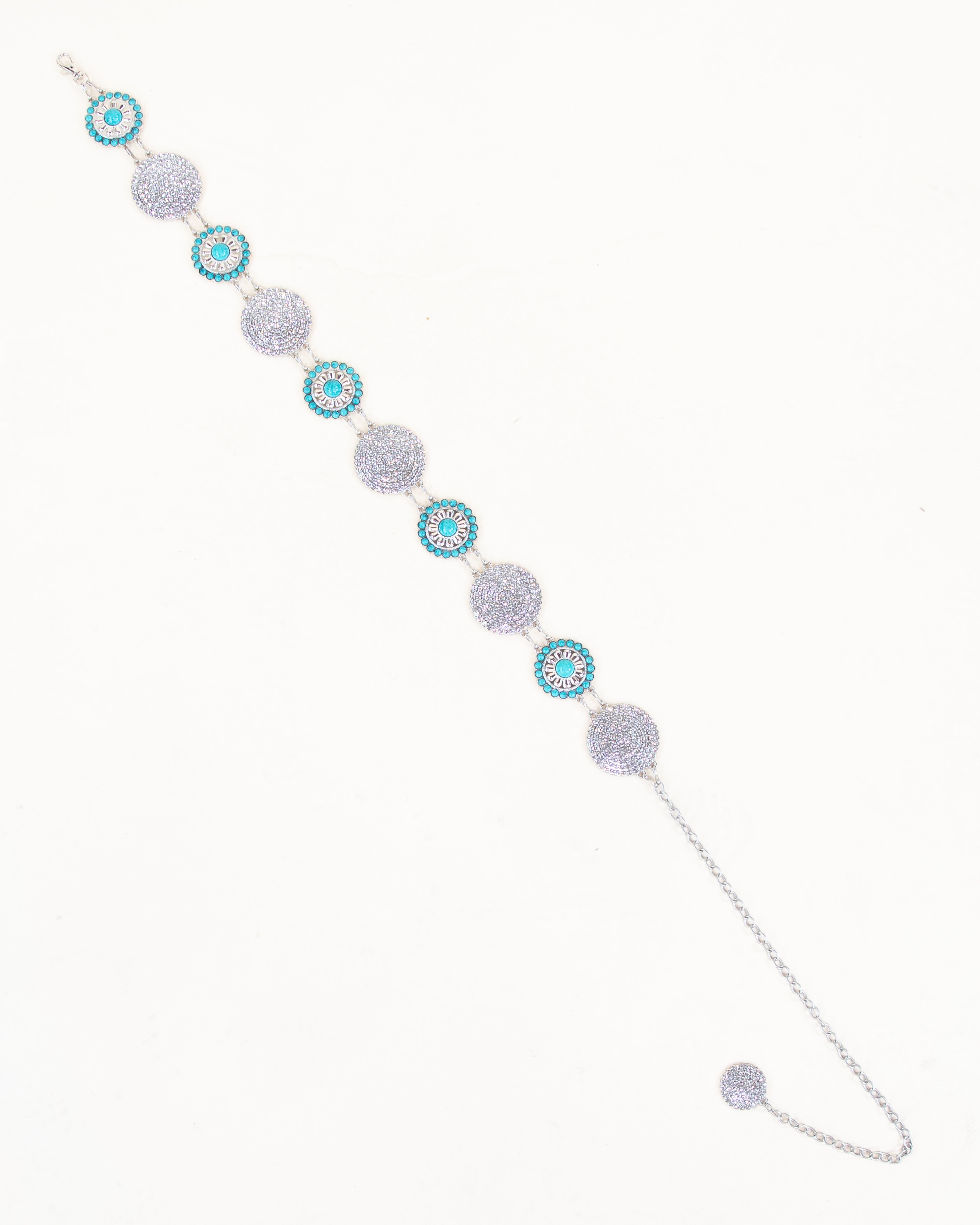 Round Sliver Metal Bling and Turquoise Concho Chain Belt - TURQUOISE  (Pack of 6)