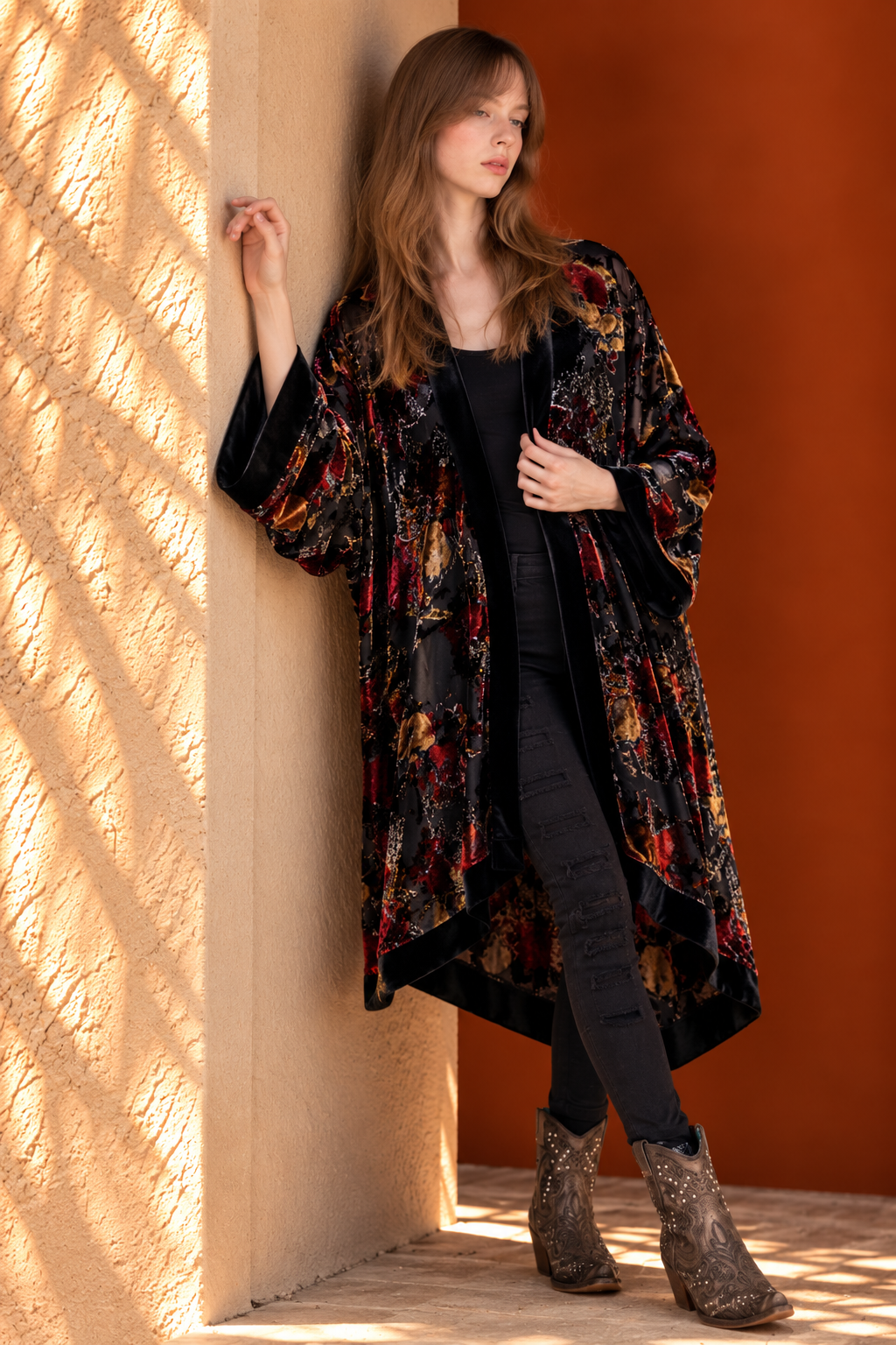 Luxe Velvet Floral Bunches Burn-Out Kimono - BLACK (OS) (Pack of 6)