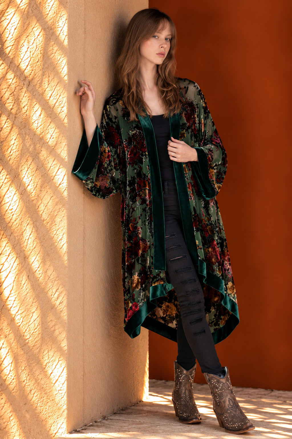 Luxe Velvet Floral Bunches Burn-Out Kimono - GREEN (OS) (Pack of 6)