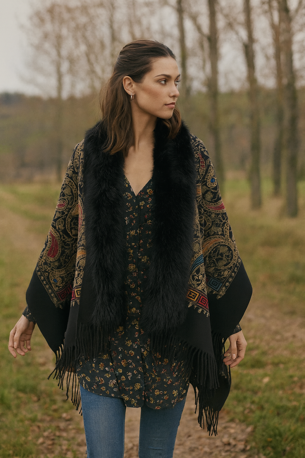 Embroidered Baroque Paisley Faux Fur Edge Scarf - BURGUNDY (Pack of 6)