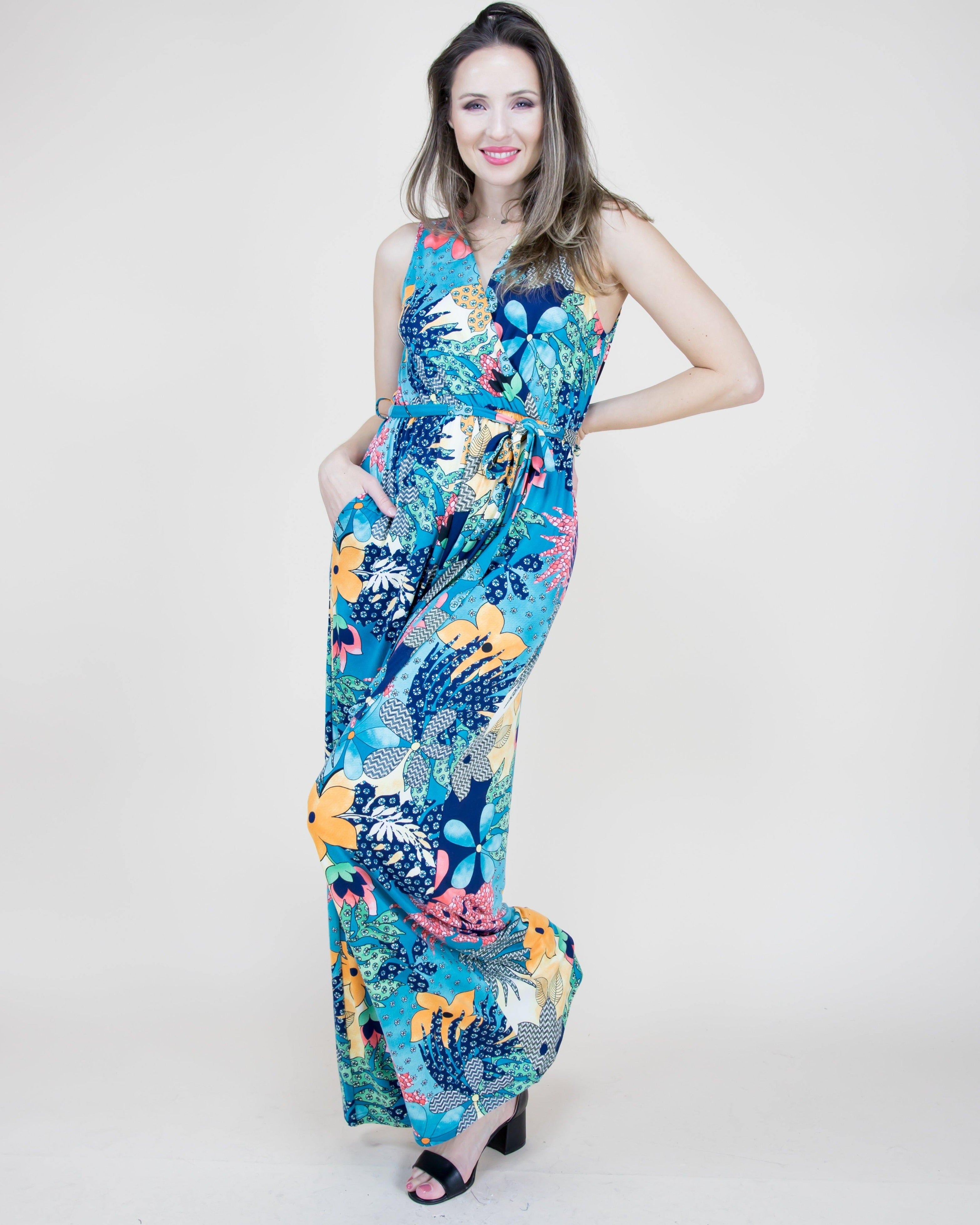 Tropical Floral Sleeveless Waist String Wide-Leg Jumpsuit (S/M, L/XL ...