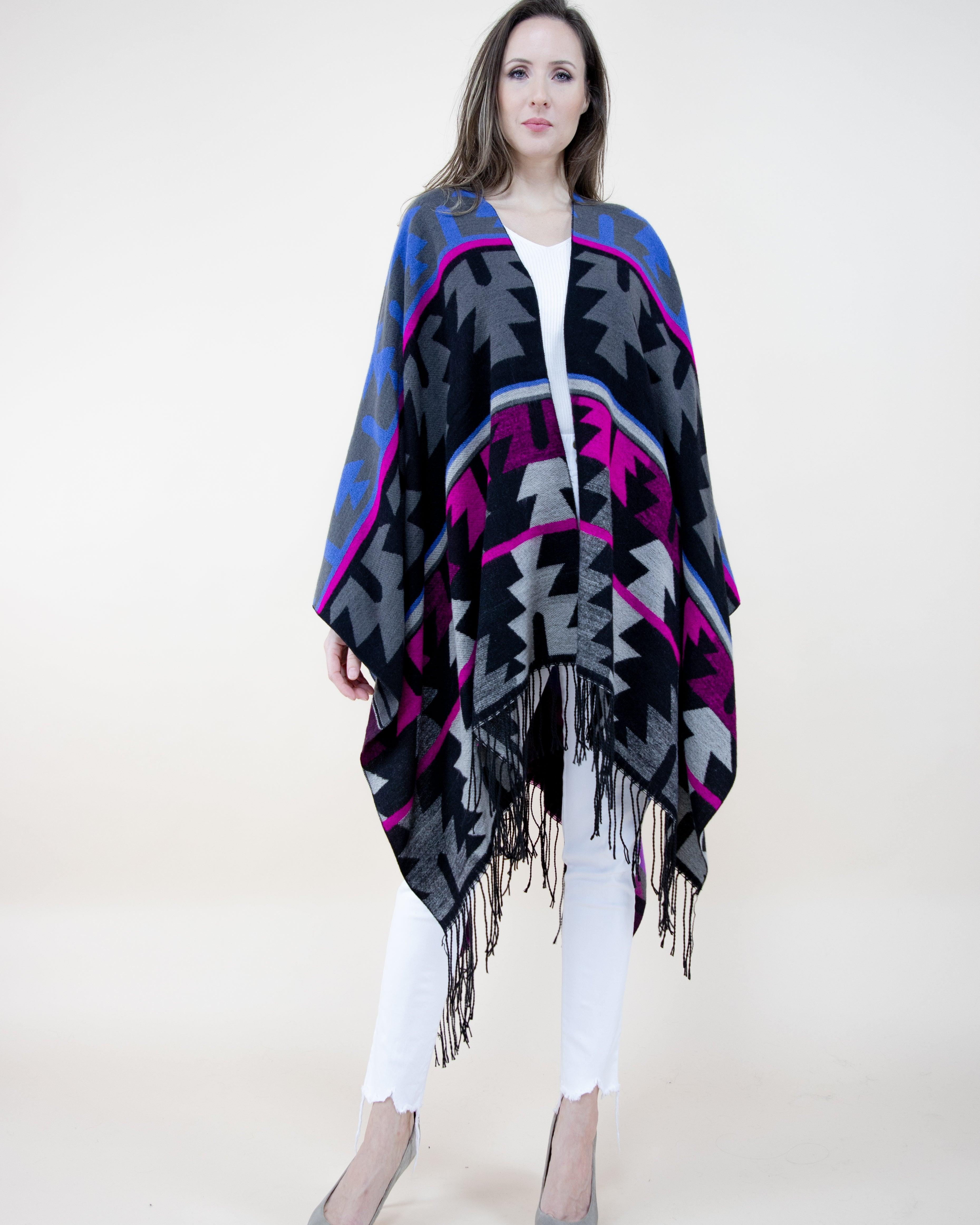 Aztec Multi Color Ruana Wrap - MAGENTA BLUE (OS) (Packs of 6 ...