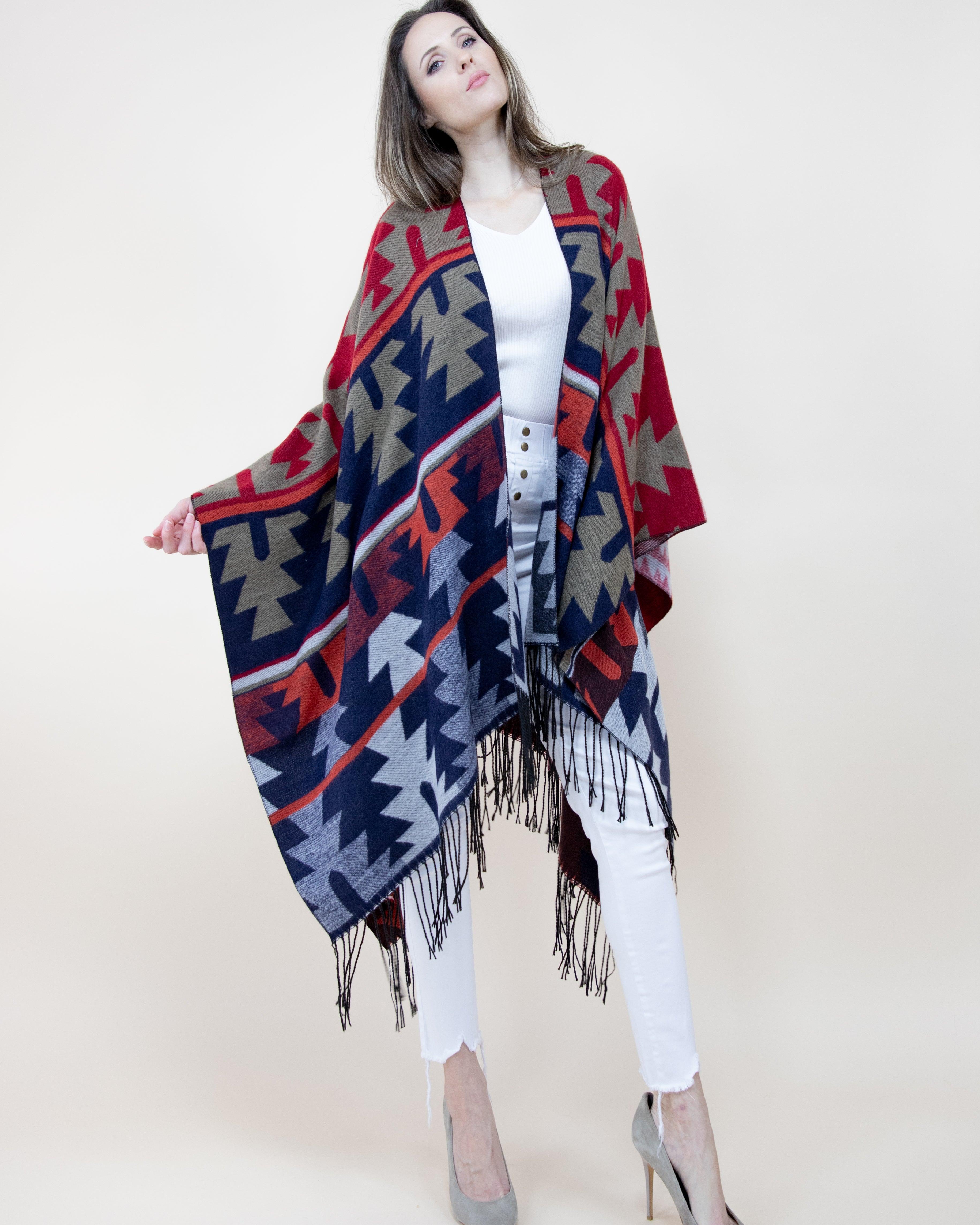 Aztec Ruana Aztec Multi Color Ruana Wrap - RED BLACK (OS) (Packs of 6) – ORIGINAL USA
