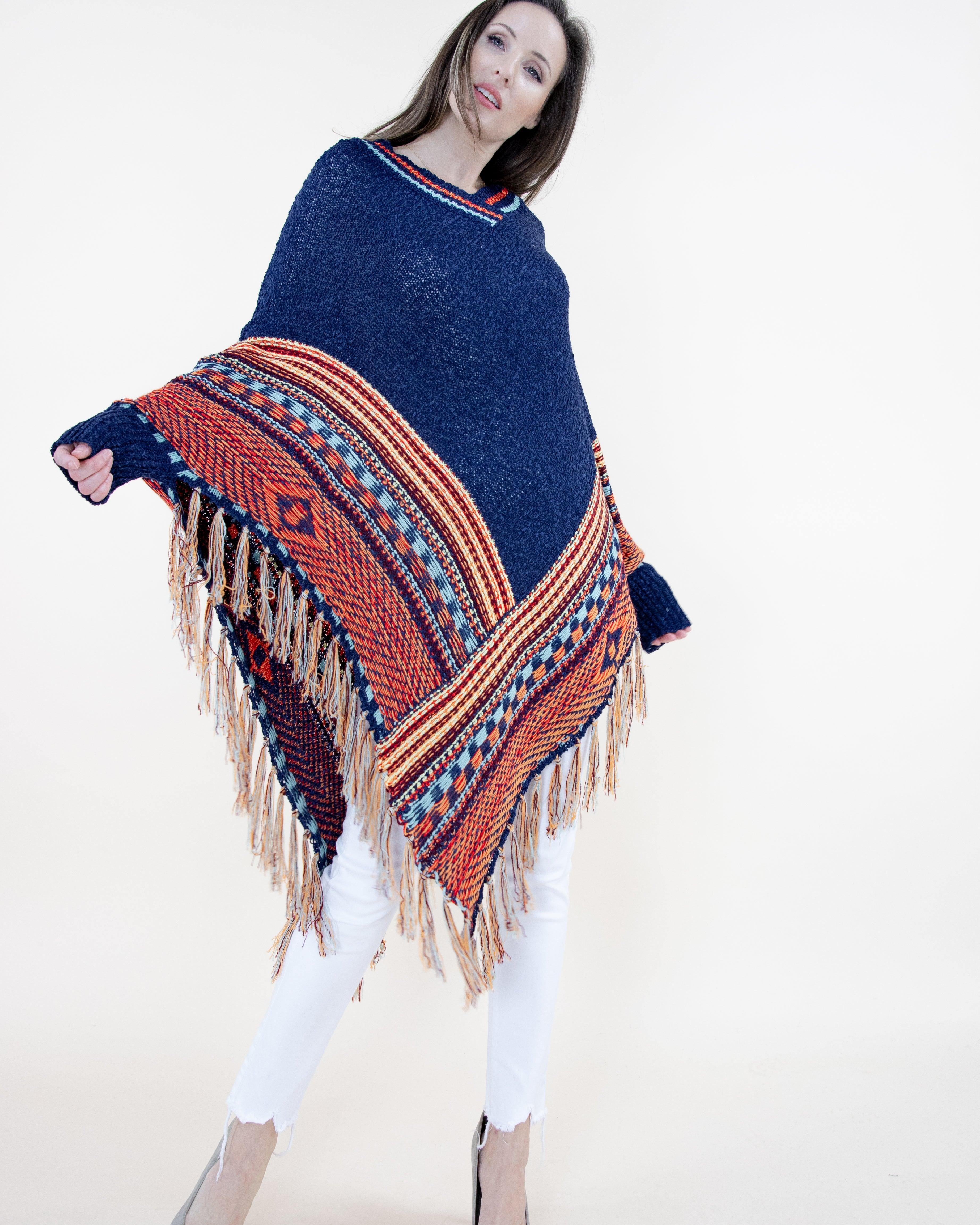 Sleeved Native Poncho w/ Fringe - NAVY (S/M, L/XL) (Packs of 6 ...