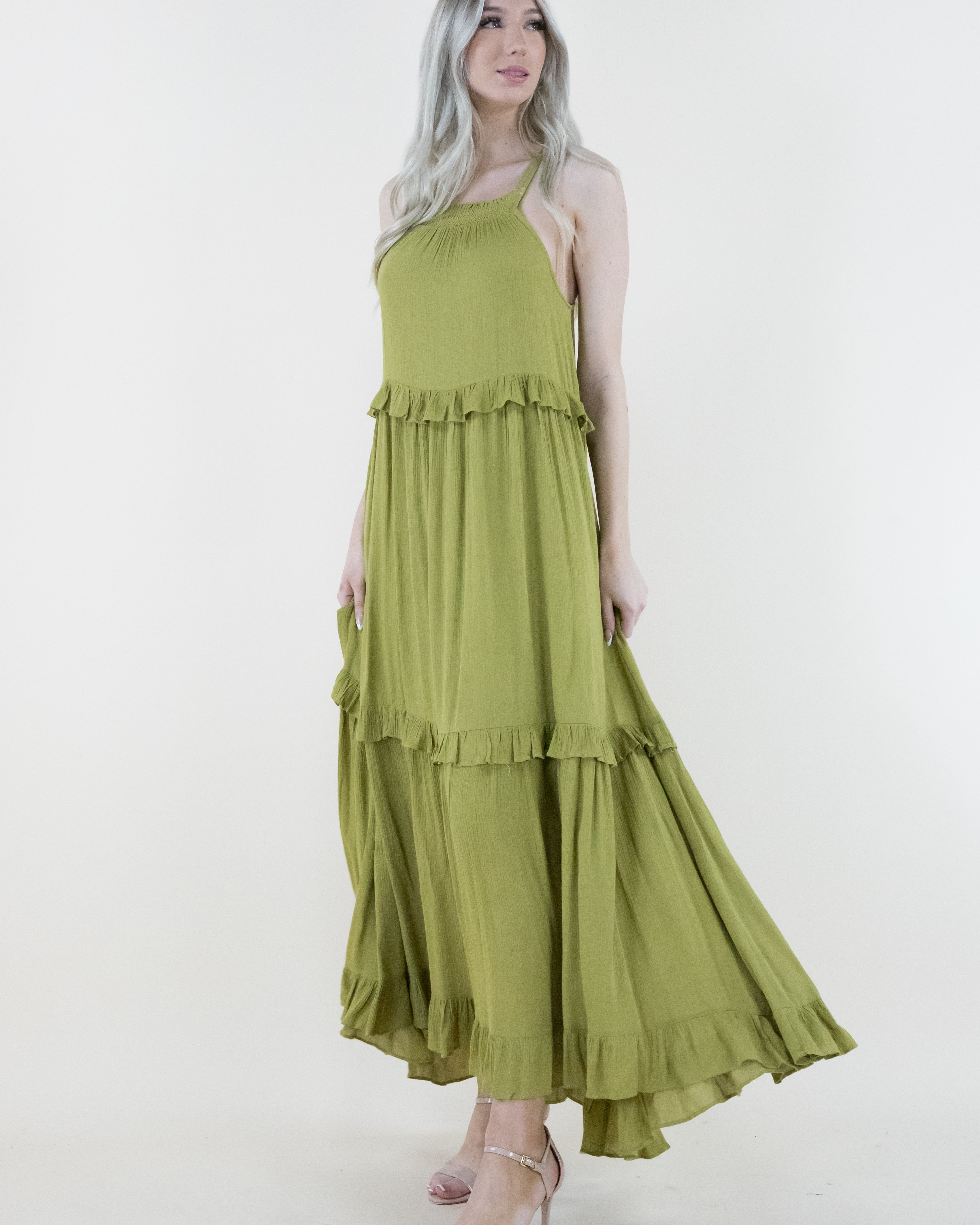 Halter Top Ruffle Tiered Maxi Dress w/ Pockets - OLIVE (S/M, L/XL ...